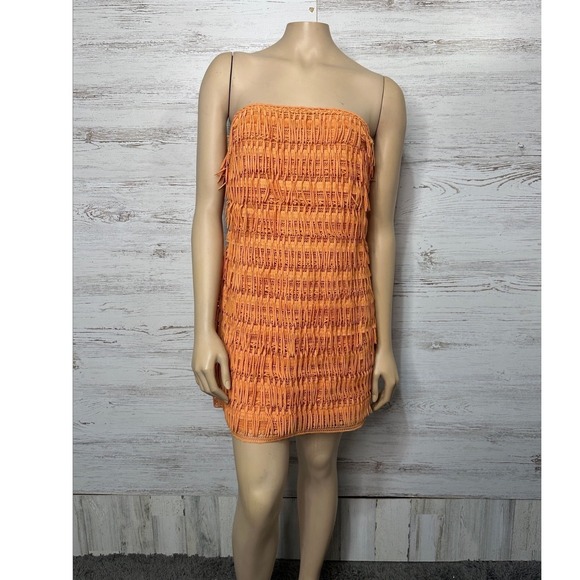 Anthropologie Strapless Fringe Dress in Orange - Picture 5 of 13
